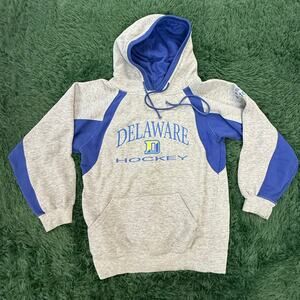 90s University of Delaware Hockey Gray & Blue Pullover Sweatshirt Hoodie Small